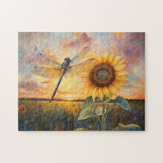 Iridescent Dragonfly Rustikale Sonnenblume Puzzle
