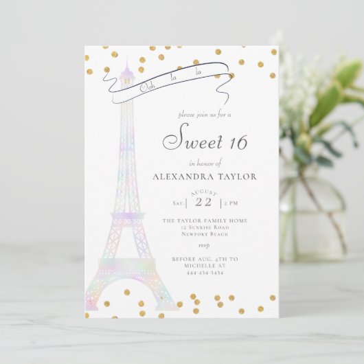 Iridescent Eiffel Tower Paris Gold Chic Sweet 16 Einladung (Stehend Vorderseite)