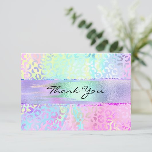 Iridescent Foil Brush Stroke Regenbogen Leopard Pi Dankeskarte (Stehend Vorderseite)