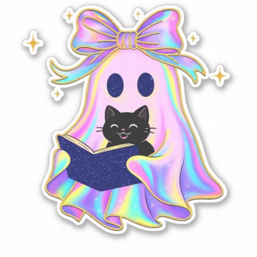 Iridescent ghost with a book and a black cat Class Aufkleber (Vorderseite)