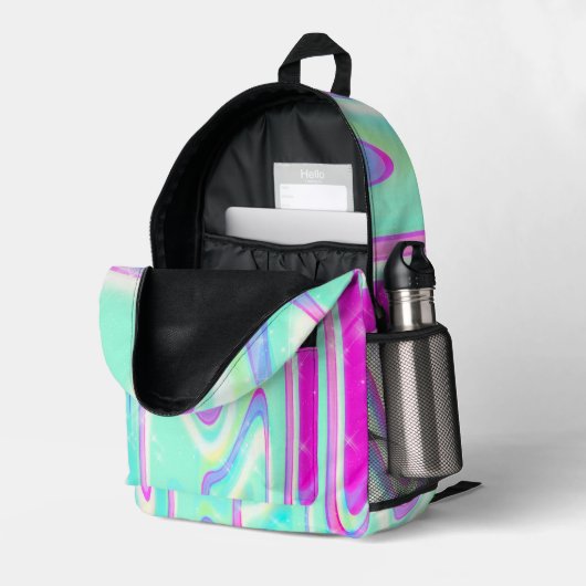 Iridescent Holographic Liquid Swirl Bedruckter Rucksack (Rückseitige Ecke links (Offen) )