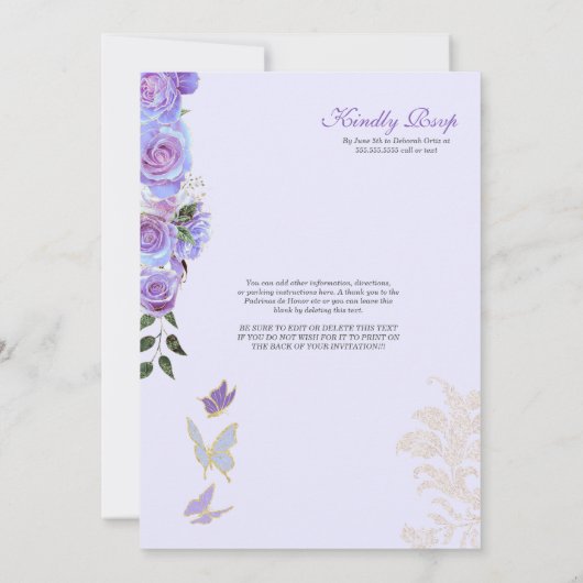 Iridescent Lila Butterfly Mariposa Quinceanera Einladung (Rückseite)