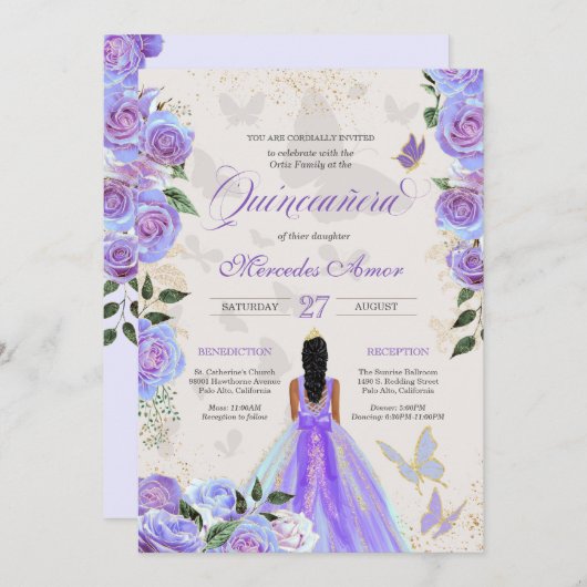 Iridescent Lila Butterfly Mariposa Quinceanera Einladung (Vorne/Hinten)