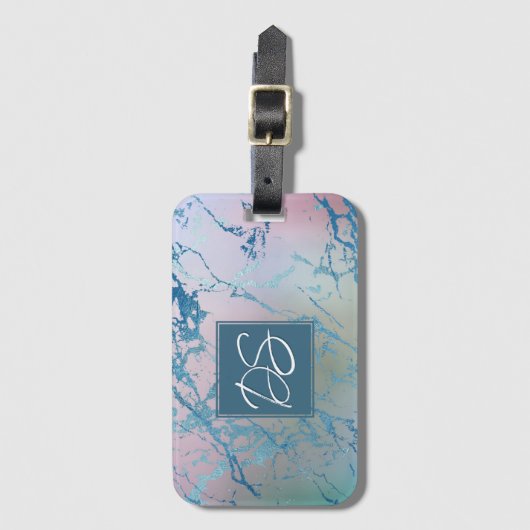 Iridescent Marble | Trendy Imitats Holo Blue Pink Gepäckanhänger (Vorderseite Vertikal)