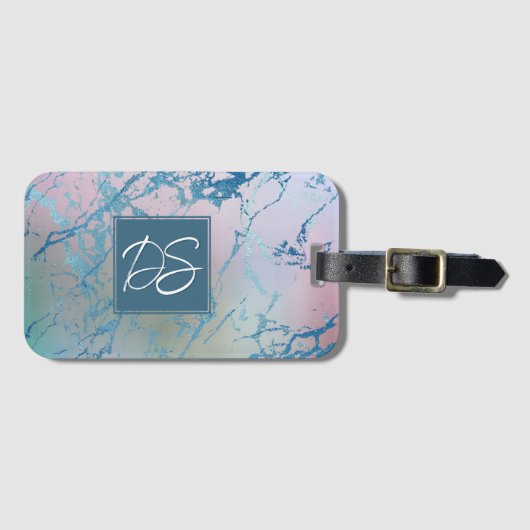 Iridescent Marble | Trendy Imitats Holo Blue Pink Gepäckanhänger (Vorderseite (Horizontal))