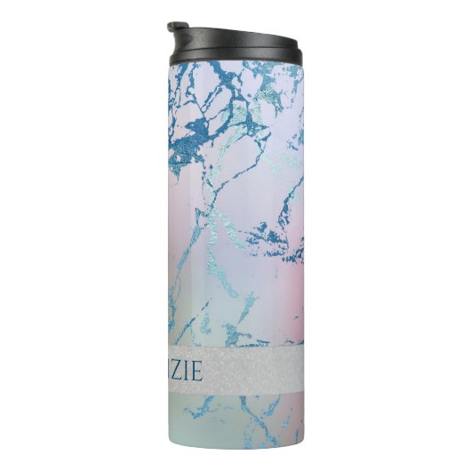 Iridescent Marble | Trendy Imitats Holo Blue Pink Thermosbecher (Nach rechts gedreht)