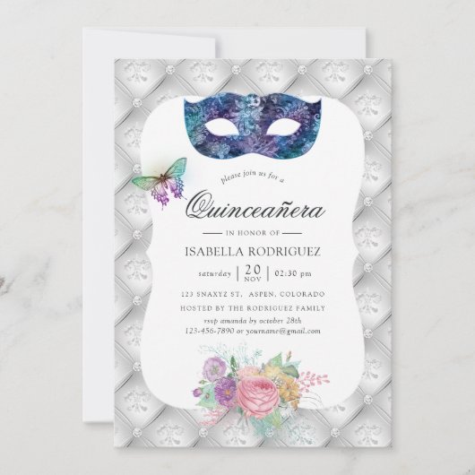 Iridescent Masquerade Quinceañera Einladung (Vorderseite)