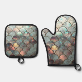 Iridescent Mermaid Scales Ofenhandschuh & Topflappen-Set