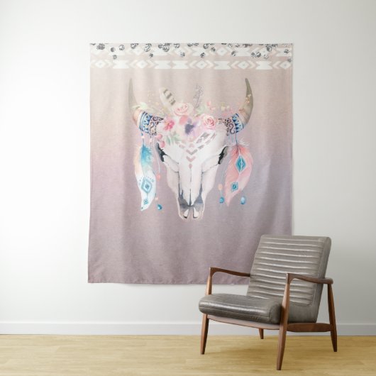 Iridescent Pearl Boho Chic Skull Glam Blumenhörner Wandteppich (Beispiel)