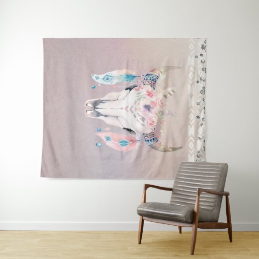 Iridescent Pearl Boho Chic Skull Glam Blumenhörner Wandteppich (Beispiel (Horizontal))