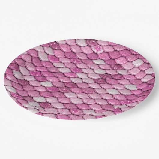 Iridescent Pink Glitzer Shiny Mermaid Fischskala Pappteller (Schrägansicht)