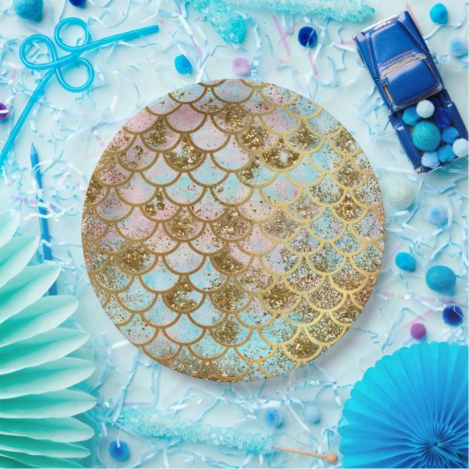 Iridescent Pink Gold Glitzer Meerjungfrau Fischska Pappteller (Party)
