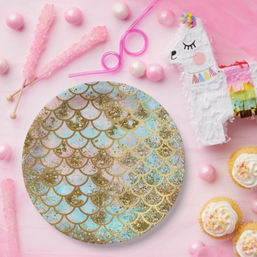 Iridescent Pink Gold Glitzer Meerjungfrau Fischska Pappteller (Party)