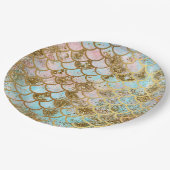 Iridescent Pink Gold Glitzer Meerjungfrau Fischska Pappteller (Schrägansicht)