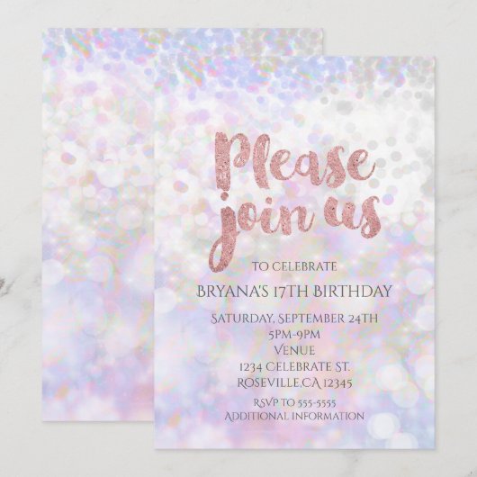 Iridescent Pink Sparkle Glam Party Einladungen (Vorne/Hinten)