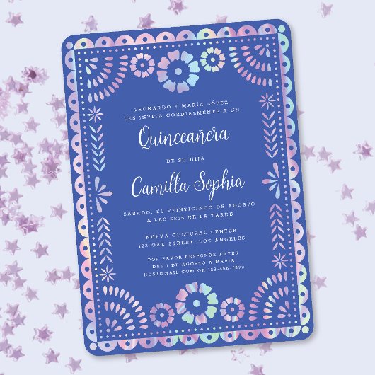 Iridescent Purple Pink Quinceañera Papel Picado Einladung