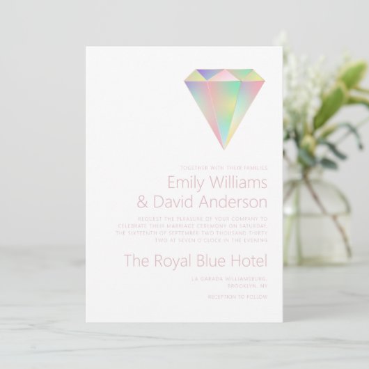 Iridescent Rainbow Diamond Rose Gold Wedding Einladung (Stehend Vorderseite)