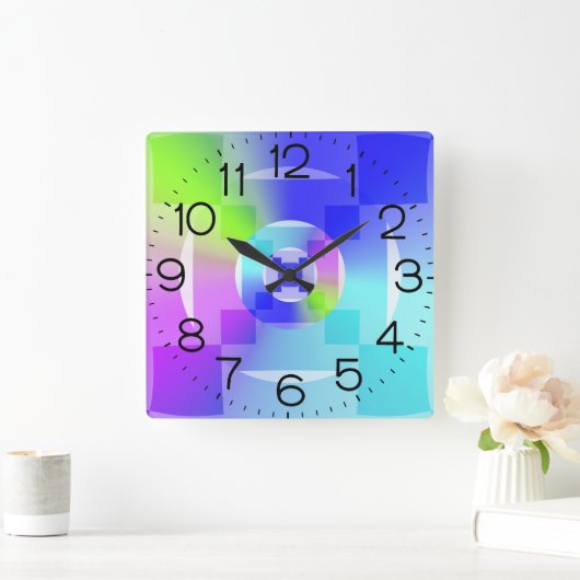 Iridescent Rainbow Gradient Delikate Fraktal Art Quadratische Wanduhr (Zuhause)