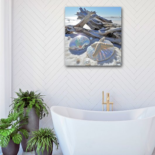 Iridescent Seashells Starfish Driftwood Sand Poster