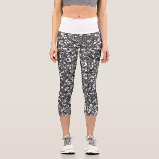 Iridescent Silver Star Glitzer Capri Leggings (Vorderseite)