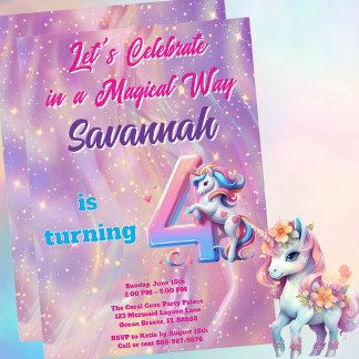 Iridescent Unicorn Girl 4. Geburtstag Party Einladung