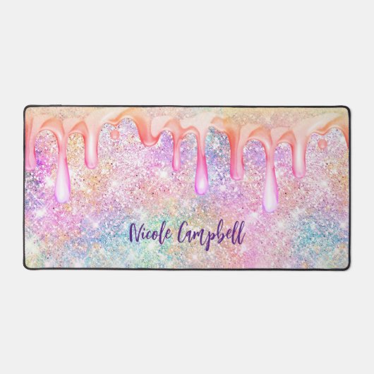 Iridescent unicorn rosa Imitate Glitzer Tropfen Schreibtischunterlage (Vorderseite)