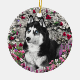 Irie der sibirische Schlittenhund in den Blumen Keramik Ornament