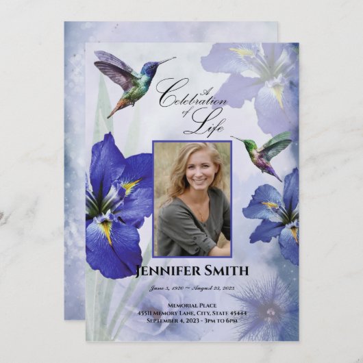 Iris and Hummingbird Celebration of Life Funeral Einladung (Vorne/Hinten)