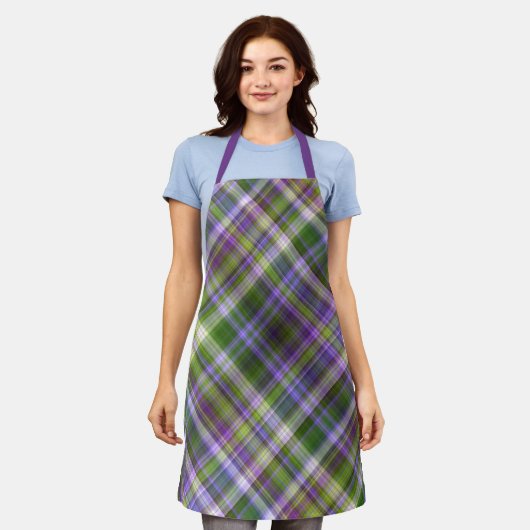 Iris blüht Lila und grün Kariert Schürze (Getragen)