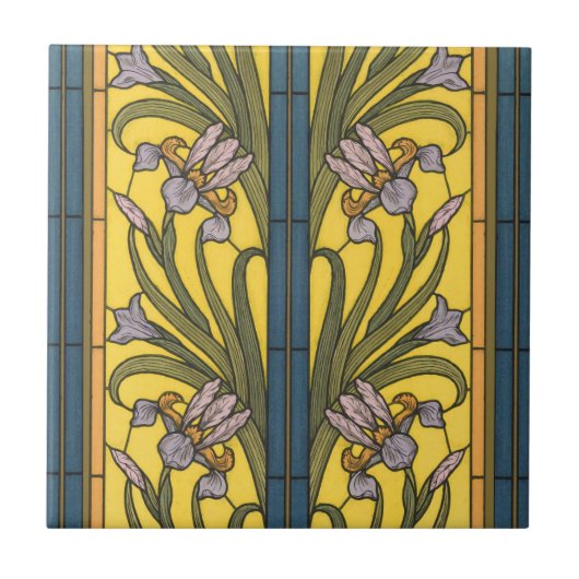 Iris Blume Art Nouveau Glass Blue Gold Fliese (Vorderseite)