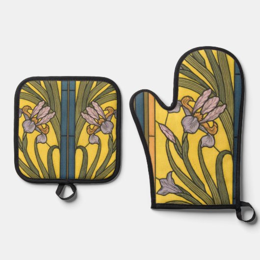 Iris Blume Art Nouveau Glass Blue Gold Ofenhandschuh & Topflappen-Set (Vorderseite)