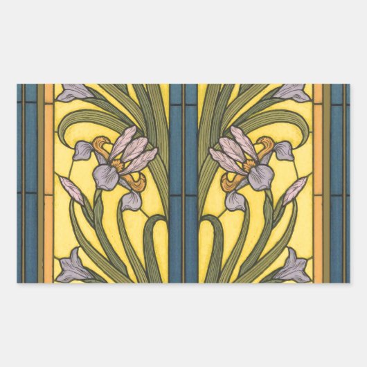 Iris Blume Art Nouveau Glass Blue Gold Rechteckiger Aufkleber (Vorderseite)