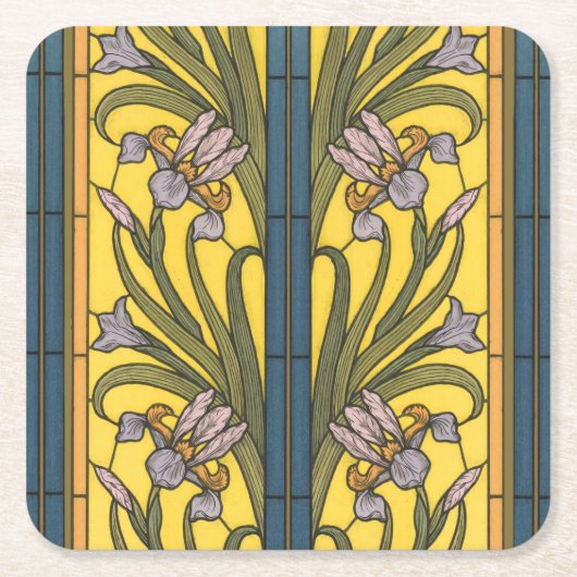Iris Blume Art Nouveau Glass Blue Gold Rechteckiger Pappuntersetzer (Vorderseite)
