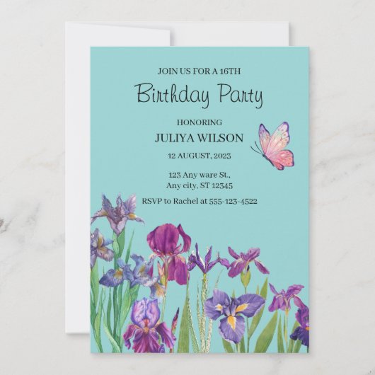 Iris Blume Geburtstagspartei Einladung (Vorderseite)
