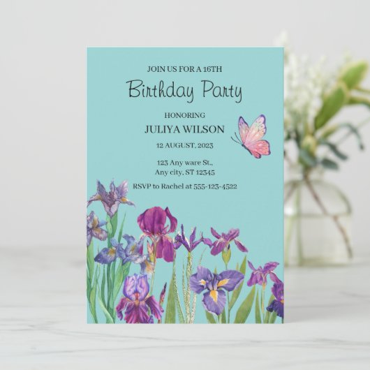 Iris Blume Geburtstagspartei Einladung (Stehend Vorderseite)