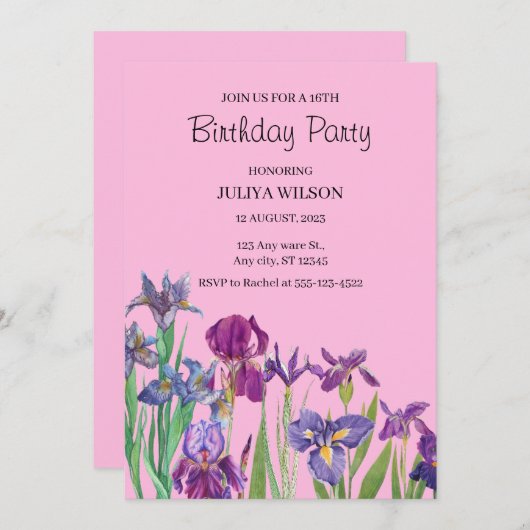 Iris Blume Geburtstagspartei Einladung (Vorne/Hinten)