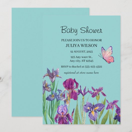 Iris Blume Junge Babydusche Einladung (Vorne/Hinten)