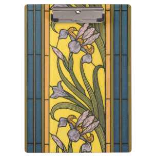 Iris-Blumen-Jugendstil Buntglas Blau Gold Klemmbrett