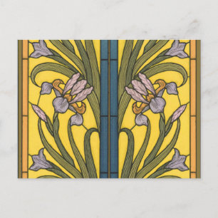 Iris-Blumen-Jugendstil-Buntglas Blau Gold Postkarte