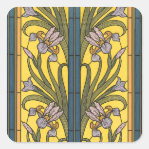Iris-Blumen-Jugendstil-Buntglas Blau Gold Quadratischer Aufkleber