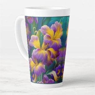 Iris Blumen Purpur und goldene blau-grüne Blätter Milchtasse