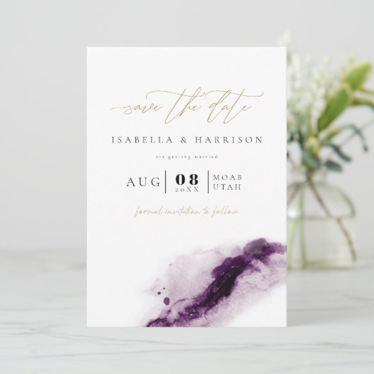 IRIS Boho Plum Lila Gold Splash Save the Date Einladung (Stehend Vorderseite)