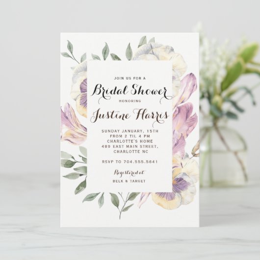 Iris Bridal Dusche Einladung, Stiefmütterchen Einladung (Stehend Vorderseite)