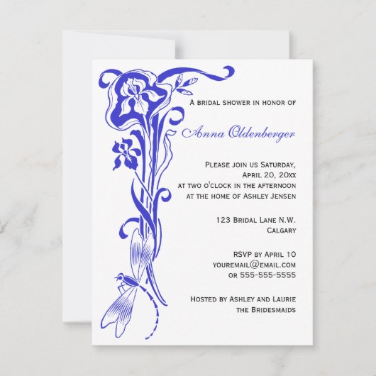 Iris & Dragonfly Royal Blue Brautparty Einladung (Vorderseite)
