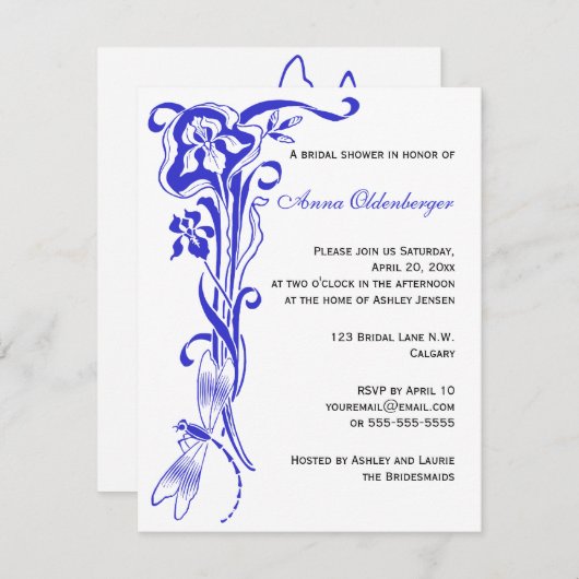 Iris & Dragonfly Royal Blue Brautparty Einladung (Vorne/Hinten)