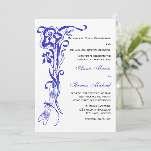 Iris & Dragonfly Royal Blue Wedding Einladung (Stehend Vorderseite)
