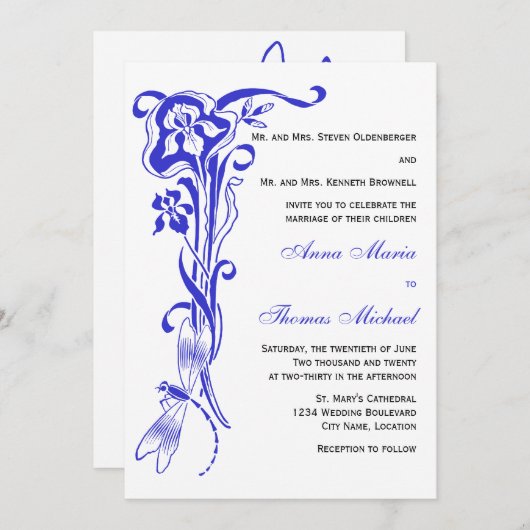 Iris & Dragonfly Royal Blue Wedding Einladung (Vorne/Hinten)