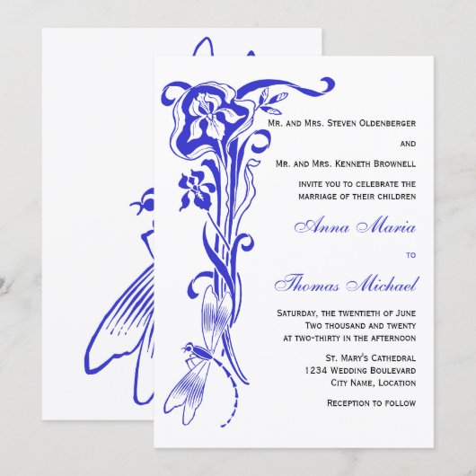 Iris & Dragonfly Royal Blue Wedding Einladung (Vorne/Hinten)