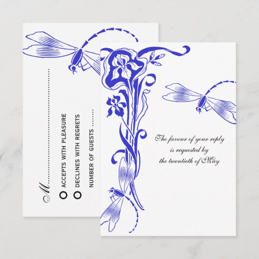Iris & Dragonfly Royal Blue Wedding Reply RSVP Karte (Vorne/Hinten)