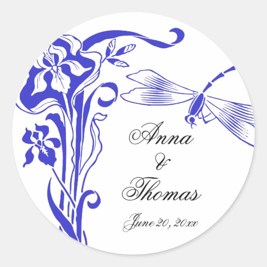 Iris & Dragonfly Royal Blue Wedding Stickers (Vorderseite)